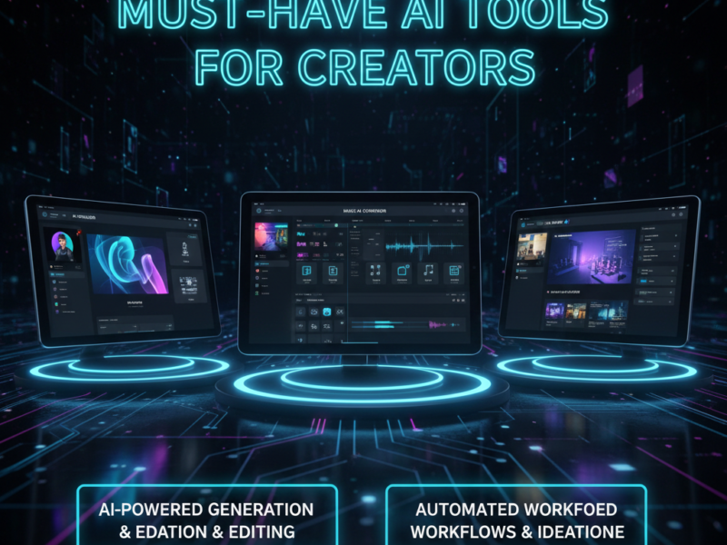 Three digital monitors displaying high-tech AI software interfaces for image generation, video editing, and automated content creation on a glowing circuit background.