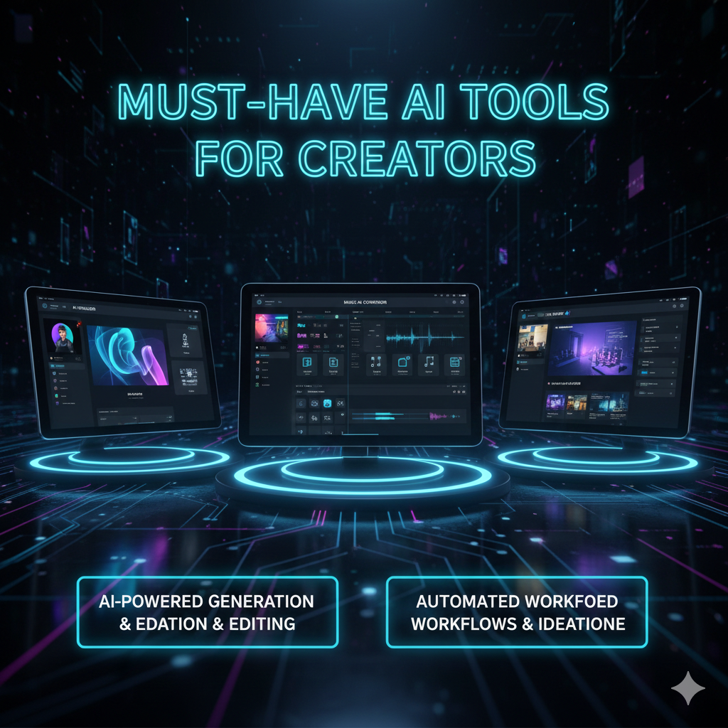 Three digital monitors displaying high-tech AI software interfaces for image generation, video editing, and automated content creation on a glowing circuit background.