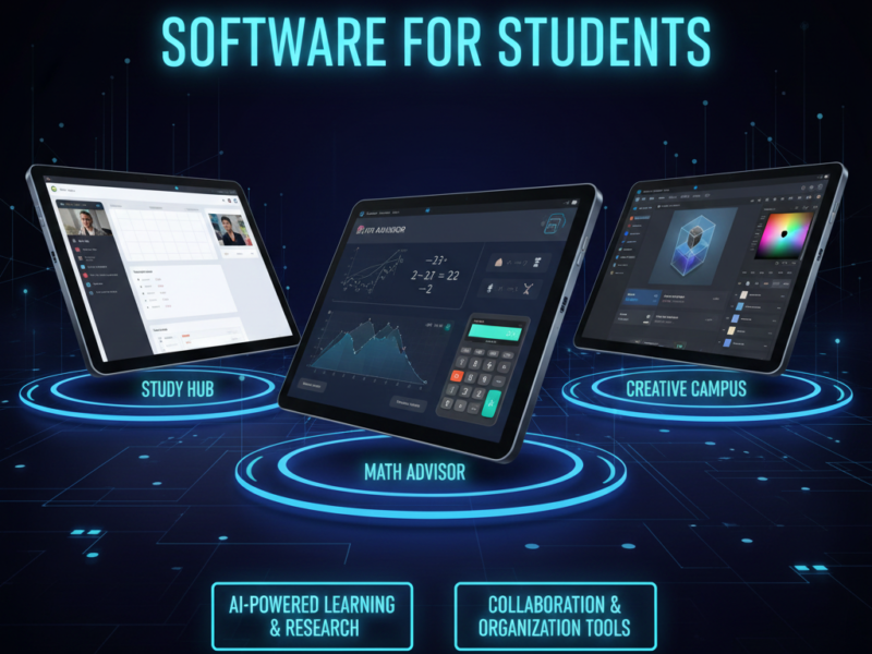 Three tablets displaying various educational software interfaces including a study planner, a math solver, and a creative design tool for students.