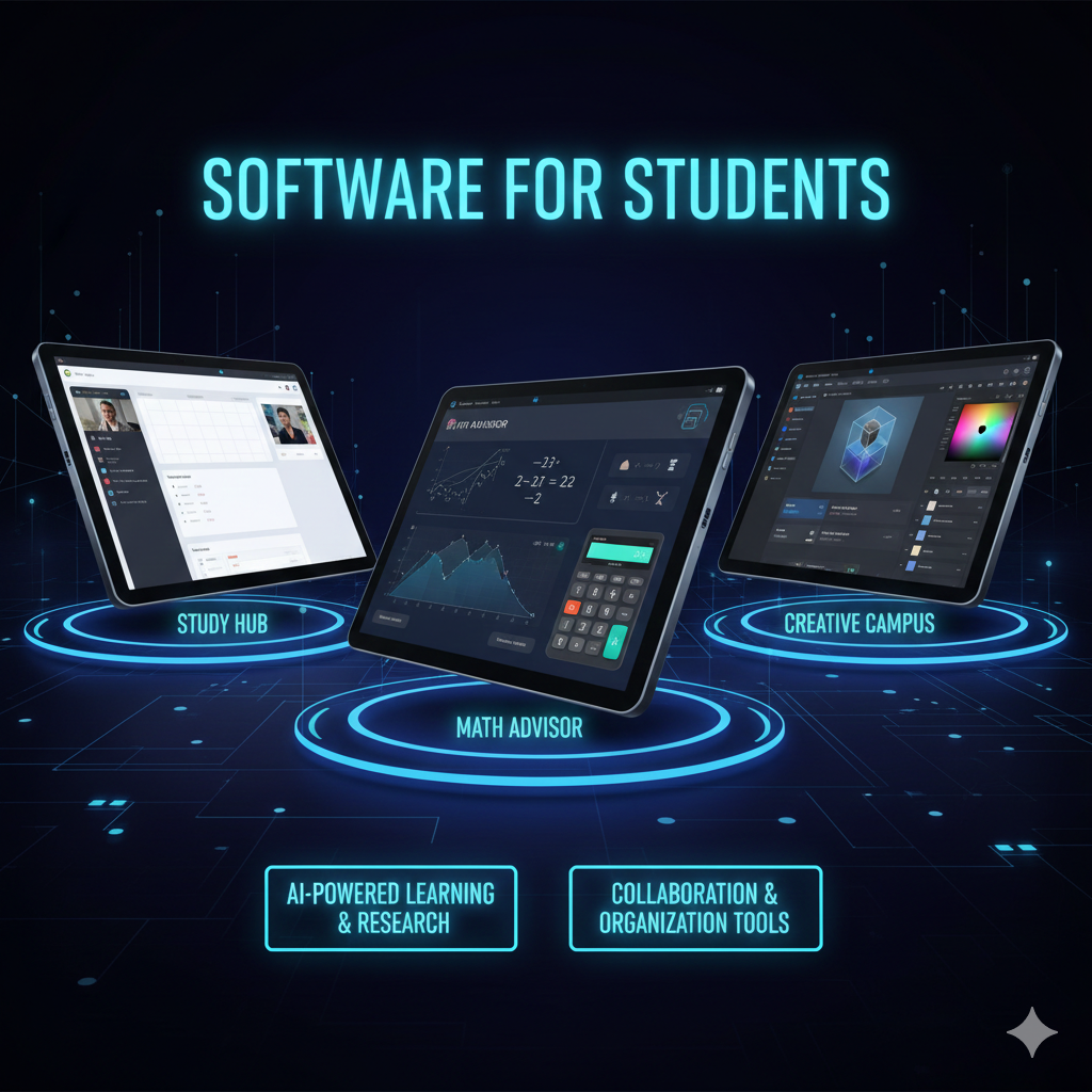 Three tablets displaying various educational software interfaces including a study planner, a math solver, and a creative design tool for students.
