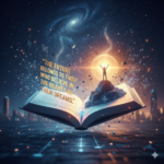 An open book floating above a futuristic city, featuring a small silhouette of a person standing on a mountain peak inside the book, under a glowing moon and a cosmic galaxy.