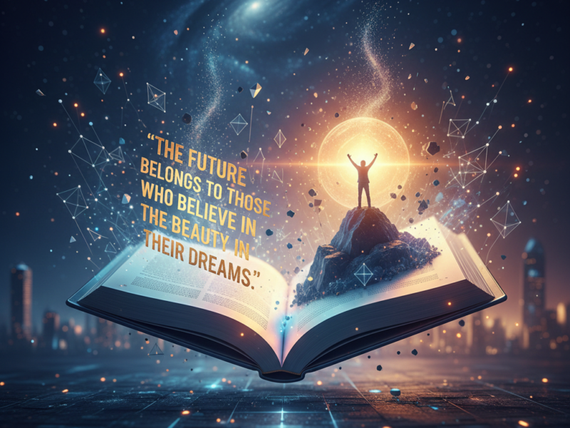 An open book floating above a futuristic city, featuring a small silhouette of a person standing on a mountain peak inside the book, under a glowing moon and a cosmic galaxy.