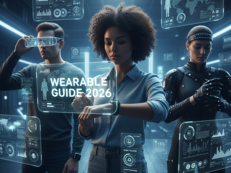 Three individuals in a futuristic setting interacting with holographic data visualizations projected from their smartwatches and advanced wearable gear.