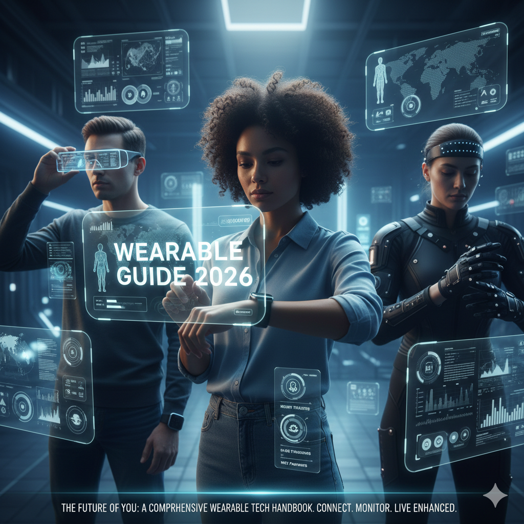 Three individuals in a futuristic setting interacting with holographic data visualizations projected from their smartwatches and advanced wearable gear.
