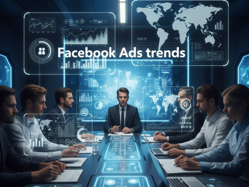 Marketing executives discussing data visualizations on glowing holographic screens in a futuristic command center overlooking a city skyline.