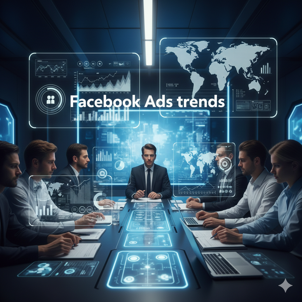 Marketing executives discussing data visualizations on glowing holographic screens in a futuristic command center overlooking a city skyline.