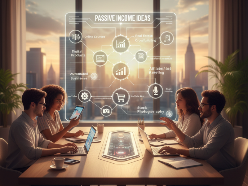 A diverse team brainstorming around a conference table with a holographic display showing various passive income streams like digital products and investments.