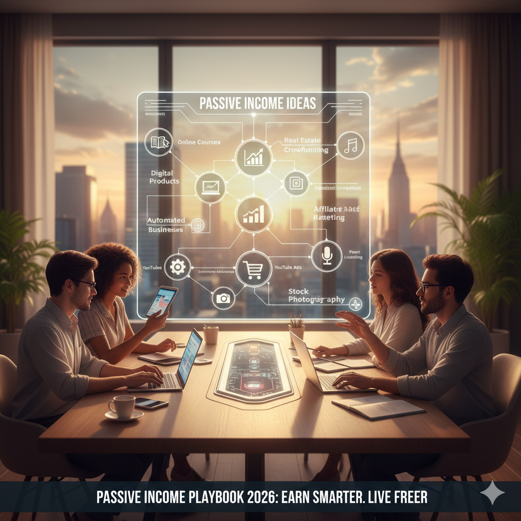 A diverse team brainstorming around a conference table with a holographic display showing various passive income streams like digital products and investments.