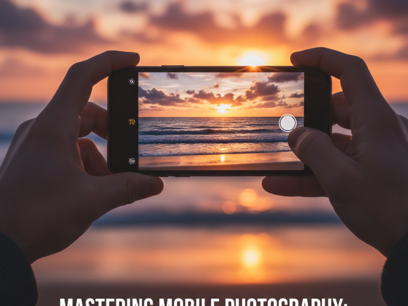 A close-up shot showing a person's hands holding a modern smartphone horizontally, with the camera lens focused on a vibrant, colorful sunset over a calm ocean.