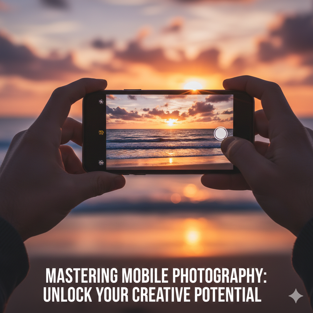 A close-up shot showing a person's hands holding a modern smartphone horizontally, with the camera lens focused on a vibrant, colorful sunset over a calm ocean.