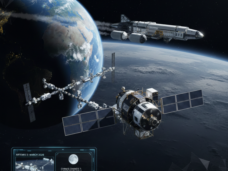 A high-fidelity digital illustration of the NASA Orion spacecraft in orbit around the Moon, with the distant Earth rising over the horizon and the shimmering modules of a future lunar gateway in the background.