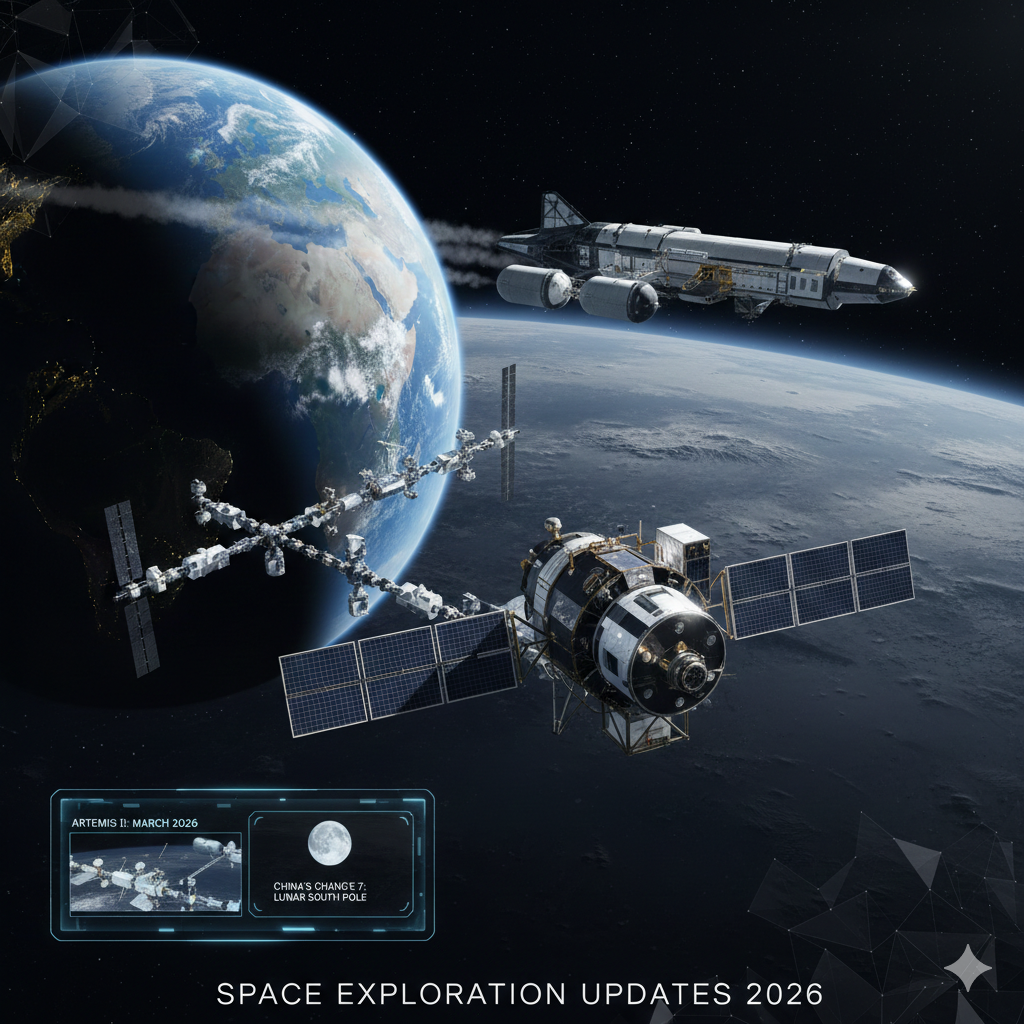 A high-fidelity digital illustration of the NASA Orion spacecraft in orbit around the Moon, with the distant Earth rising over the horizon and the shimmering modules of a future lunar gateway in the background.