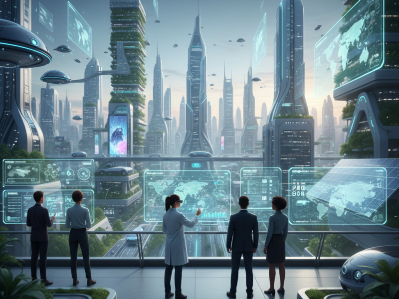A group of professionals overlooking a futuristic city with green skyscrapers and flying vehicles, interacting with holographic data screens.