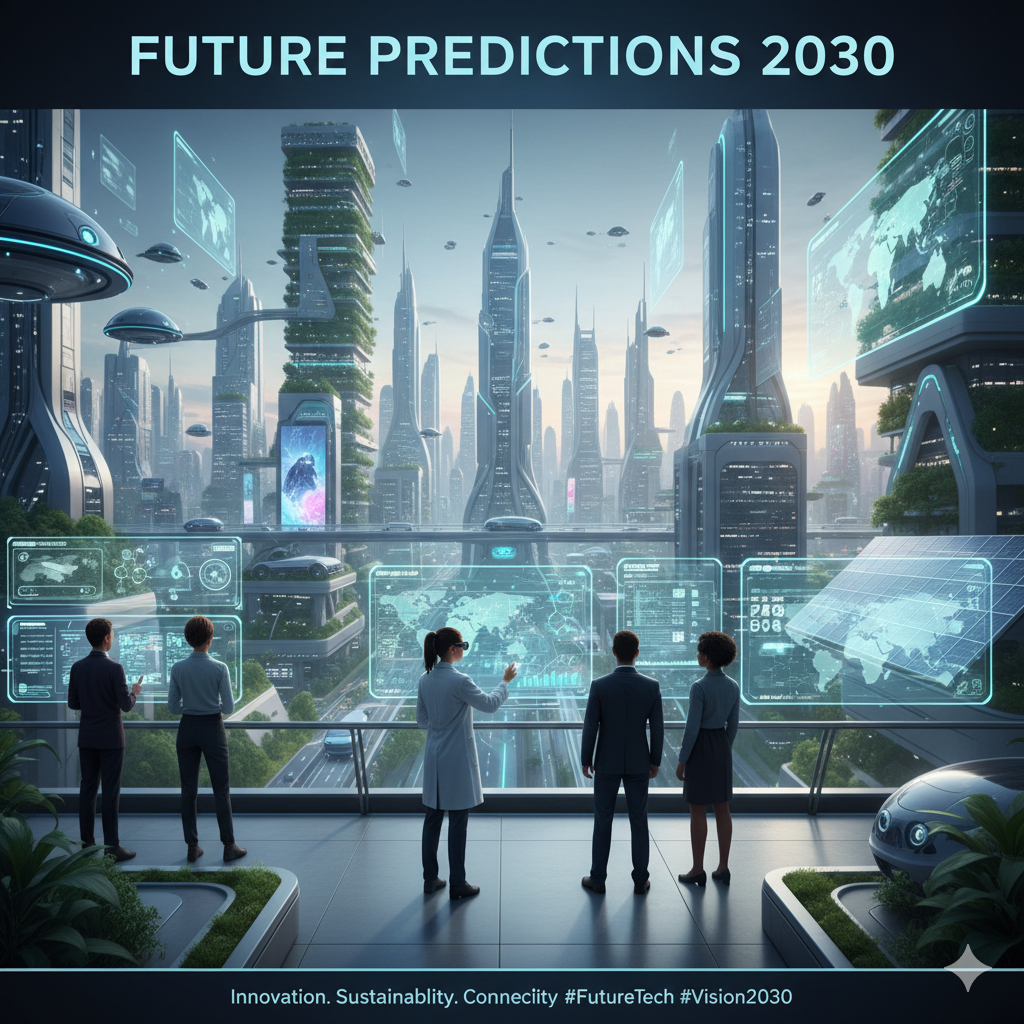 A group of professionals overlooking a futuristic city with green skyscrapers and flying vehicles, interacting with holographic data screens.