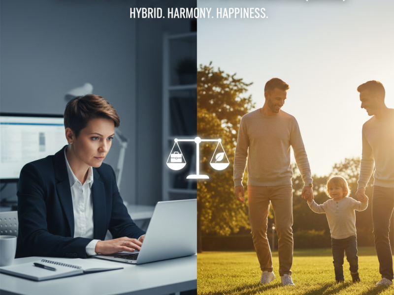 A split screen showing a person working focused on a laptop on the left, and the same person relaxing in a park with family on the right, balanced by a scale icon.