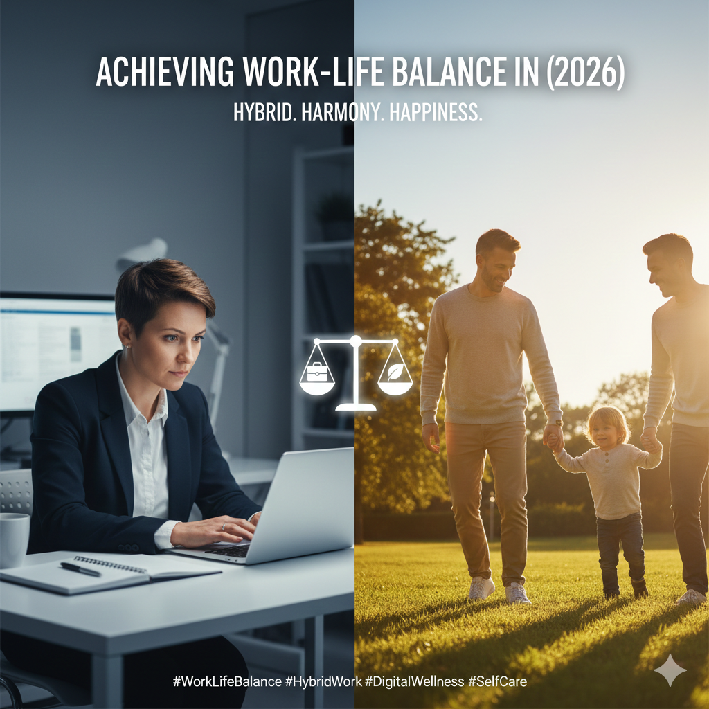A split screen showing a person working focused on a laptop on the left, and the same person relaxing in a park with family on the right, balanced by a scale icon.