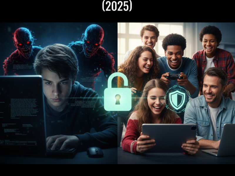 Split-screen showing a focused young gamer on the left with shadowy figures behind, and a happy family gaming together safely on the right with a digital lock icon in the center.