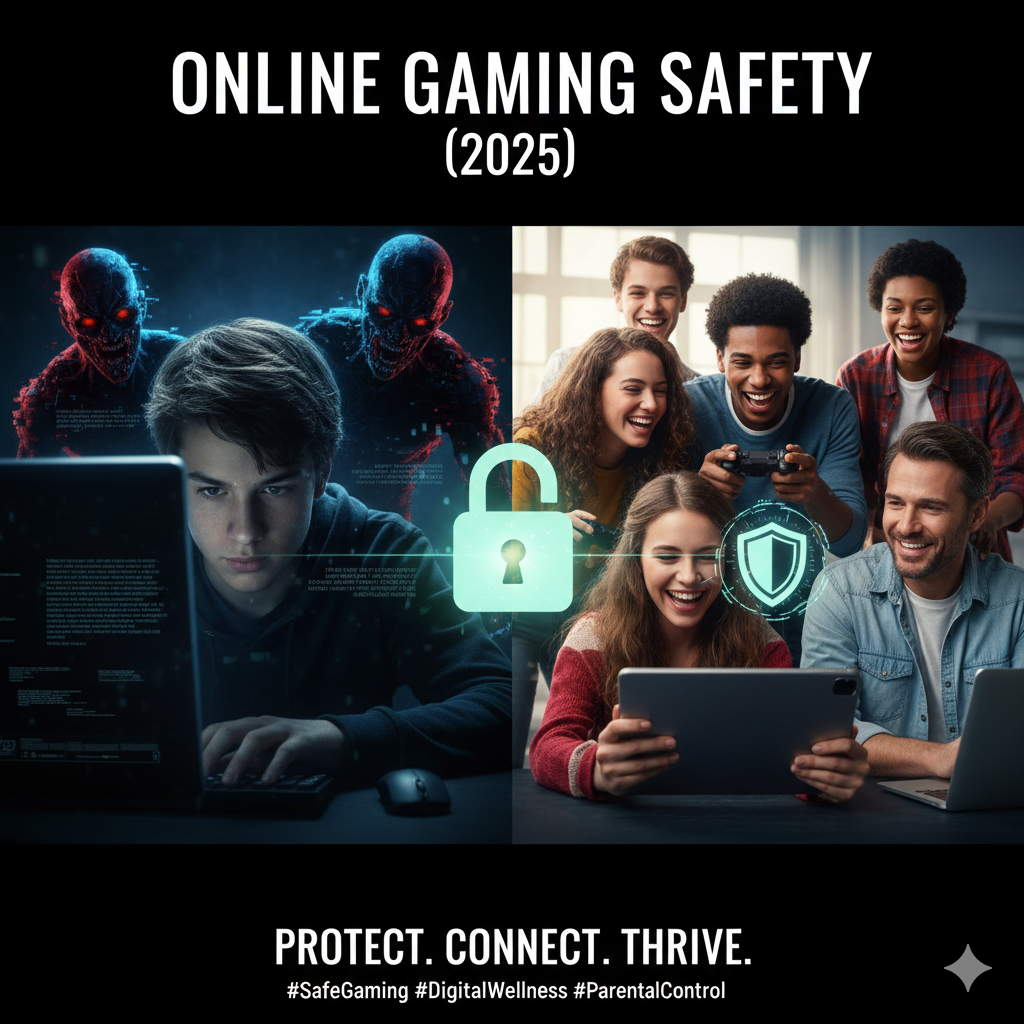 Split-screen showing a focused young gamer on the left with shadowy figures behind, and a happy family gaming together safely on the right with a digital lock icon in the center.