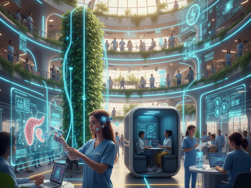A bustling, multi-level futuristic office environment where professionals use advanced holographic interfaces for medical diagnostics and collaborative projects, alongside dedicated focus pods.