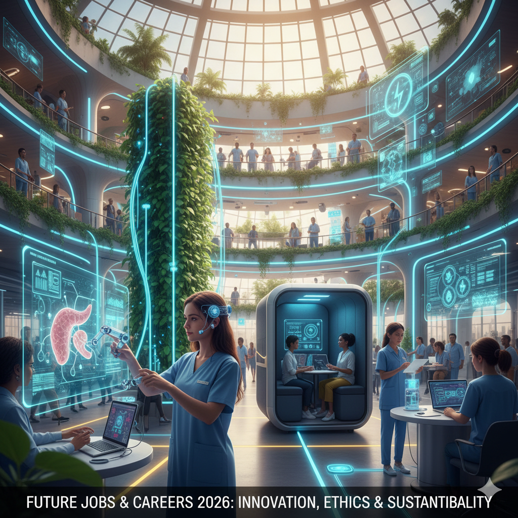 A bustling, multi-level futuristic office environment where professionals use advanced holographic interfaces for medical diagnostics and collaborative projects, alongside dedicated focus pods.
