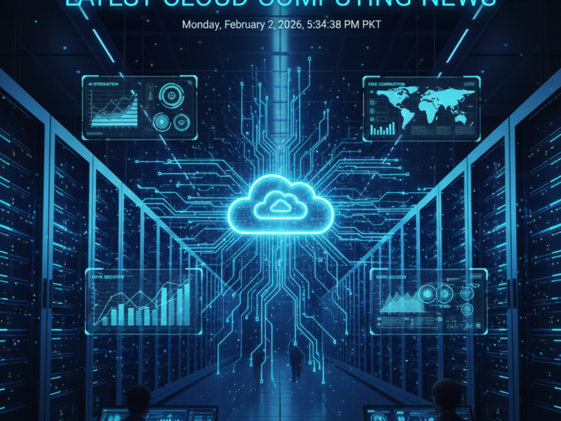 A futuristic data center representing cloud computing with glowing servers, interconnected blue data streams, and a cloud icon.