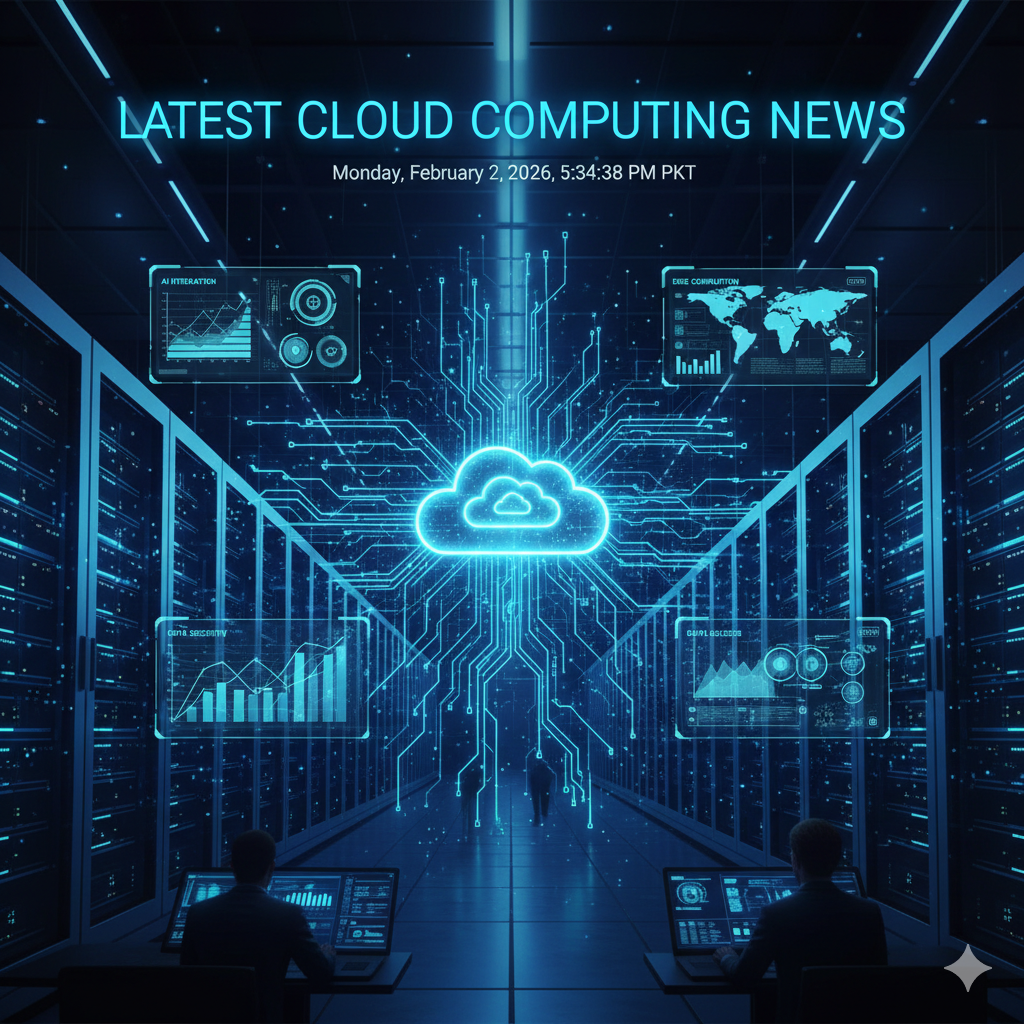 A futuristic data center representing cloud computing with glowing servers, interconnected blue data streams, and a cloud icon.