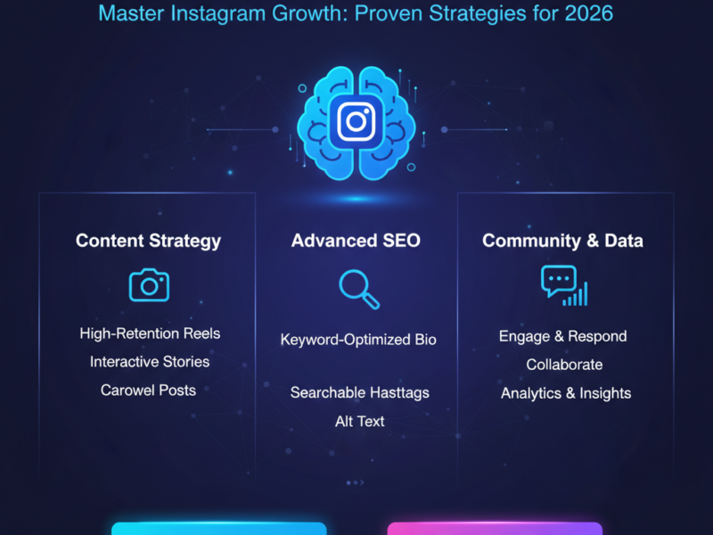 A vibrant infographic showing key strategies for Instagram growth in 2026, including Reels optimization, storytelling through Stories, and advanced SEO techniques.