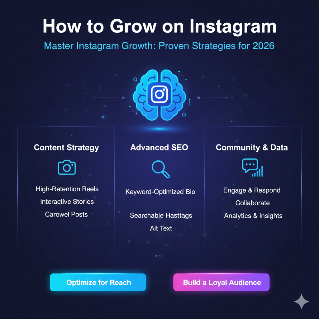 A vibrant infographic showing key strategies for Instagram growth in 2026, including Reels optimization, storytelling through Stories, and advanced SEO techniques.