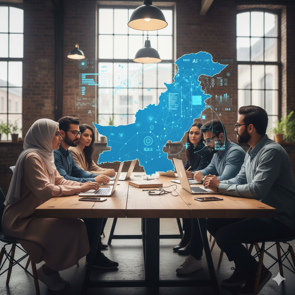 A diverse team of Pakistani entrepreneurs collaboratively working around a wooden table in a rustic office, focused on a floating blue holographic map of Pakistan displaying data connectivity networks.