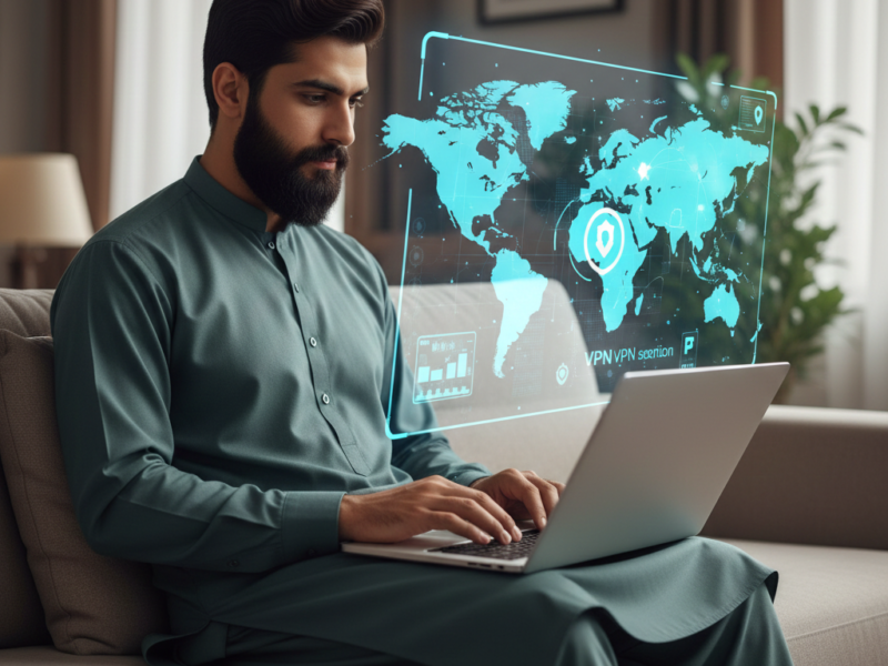 A man in a traditional shalwar kameez sitting on a sofa and using a laptop with a glowing holographic world map showing a secure VPN connection.