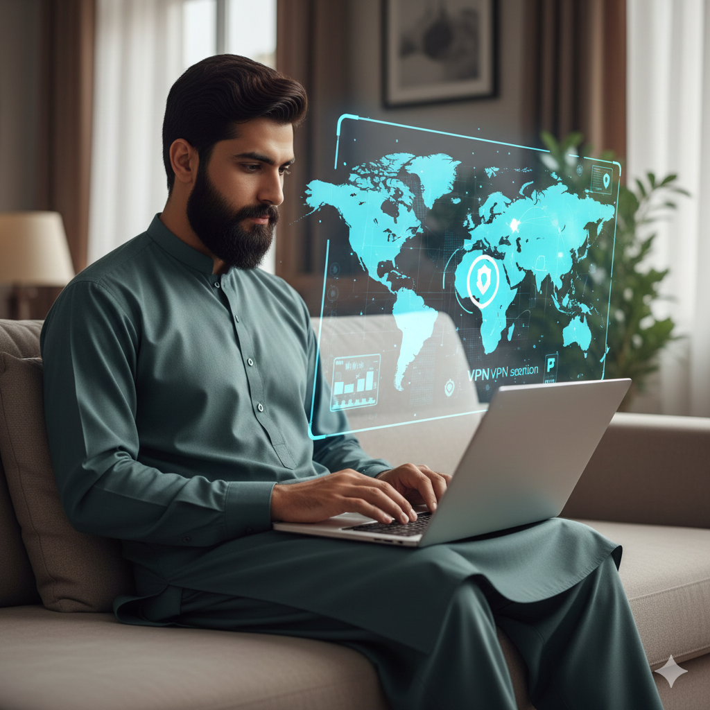 A man in a traditional shalwar kameez sitting on a sofa and using a laptop with a glowing holographic world map showing a secure VPN connection.