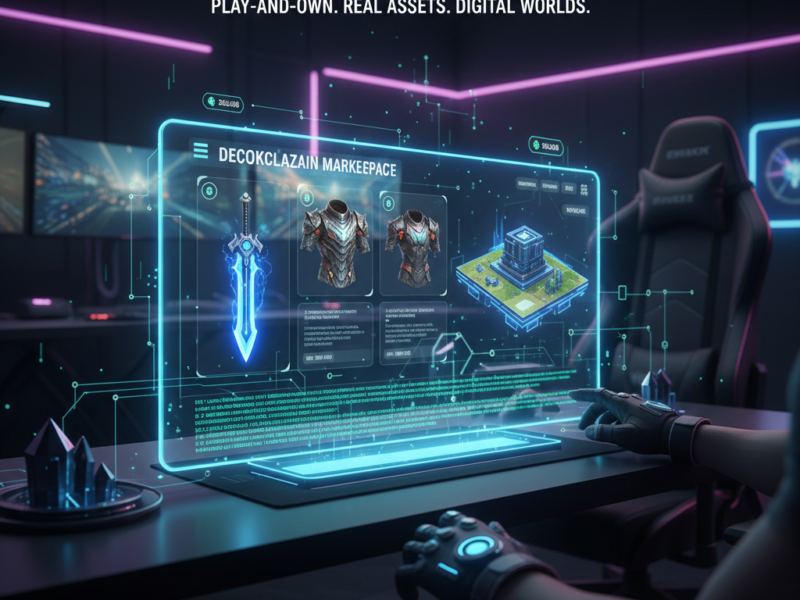 A digital display showing various in-game NFT items like swords, skins, and virtual land parcels being traded on a decentralized marketplace, with blockchain transaction hashes visible.