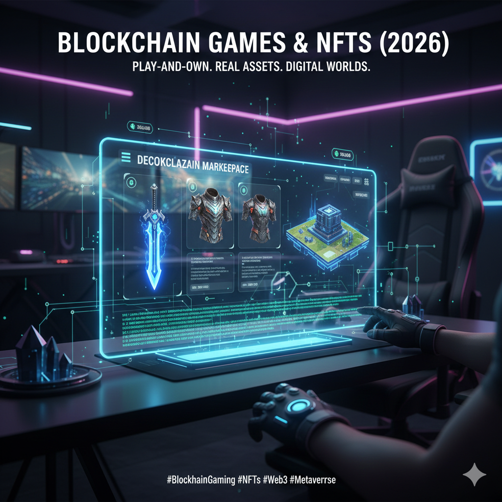 A digital display showing various in-game NFT items like swords, skins, and virtual land parcels being traded on a decentralized marketplace, with blockchain transaction hashes visible.