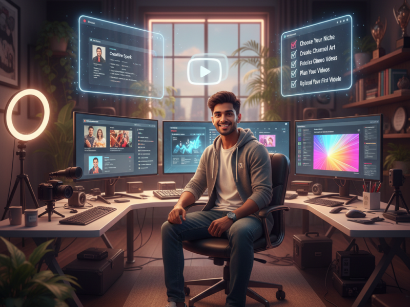 A smiling young male creator in a professional studio setup with a ring light, high-end camera, and multiple monitors showing video editing and analytics. Floating blue holographic checklists show steps like "Choose Your Niche," "Create Channel Art," and "Upload Your First Video."