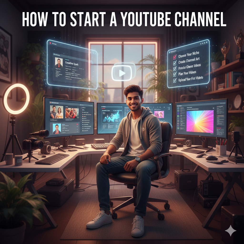 A smiling young male creator in a professional studio setup with a ring light, high-end camera, and multiple monitors showing video editing and analytics. Floating blue holographic checklists show steps like "Choose Your Niche," "Create Channel Art," and "Upload Your First Video."