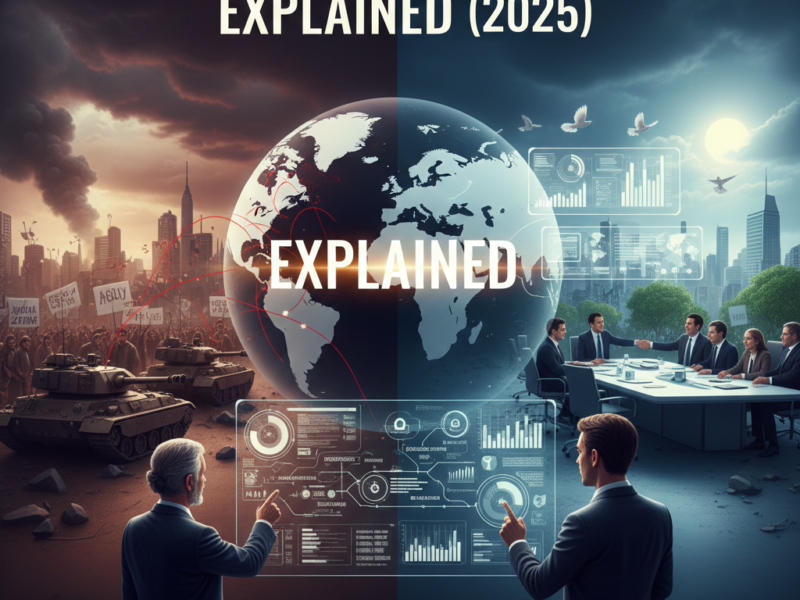 A split-screen image contrasting a chaotic battlefield scene on the left with a calm, futuristic boardroom negotiation on the right, centered around a globe.