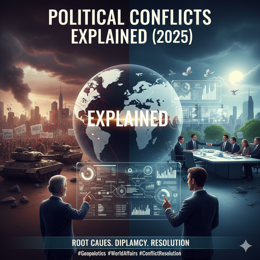 A split-screen image contrasting a chaotic battlefield scene on the left with a calm, futuristic boardroom negotiation on the right, centered around a globe.