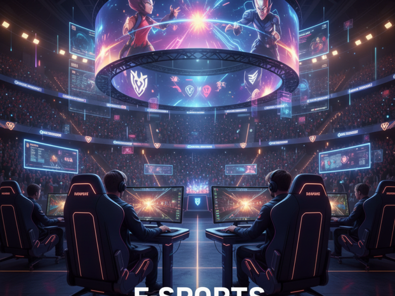 Professional gamers in LED-lit chairs competing in a packed futuristic arena with a massive 360-degree holographic screen displaying game characters.