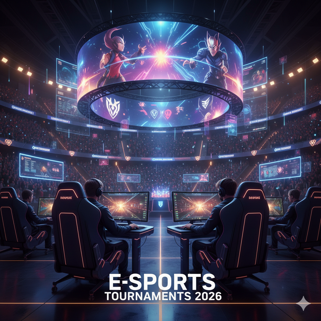 Professional gamers in LED-lit chairs competing in a packed futuristic arena with a massive 360-degree holographic screen displaying game characters.