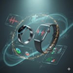Futuristic smart ring and smartwatch floating among glowing holographic data displays and EKG waves in a dark teal studio setting.