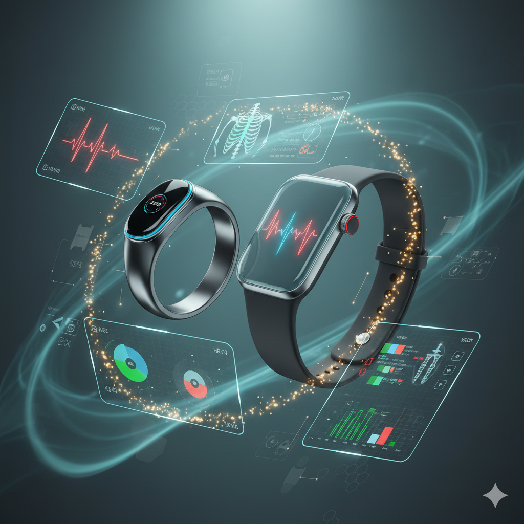 Futuristic smart ring and smartwatch floating among glowing holographic data displays and EKG waves in a dark teal studio setting.