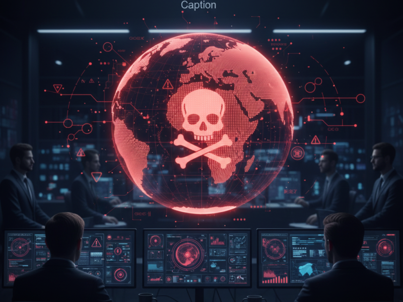 A security team in a dark command center monitoring a holographic globe projected with a red skull and crossbones, signaling a ransomware attack.
