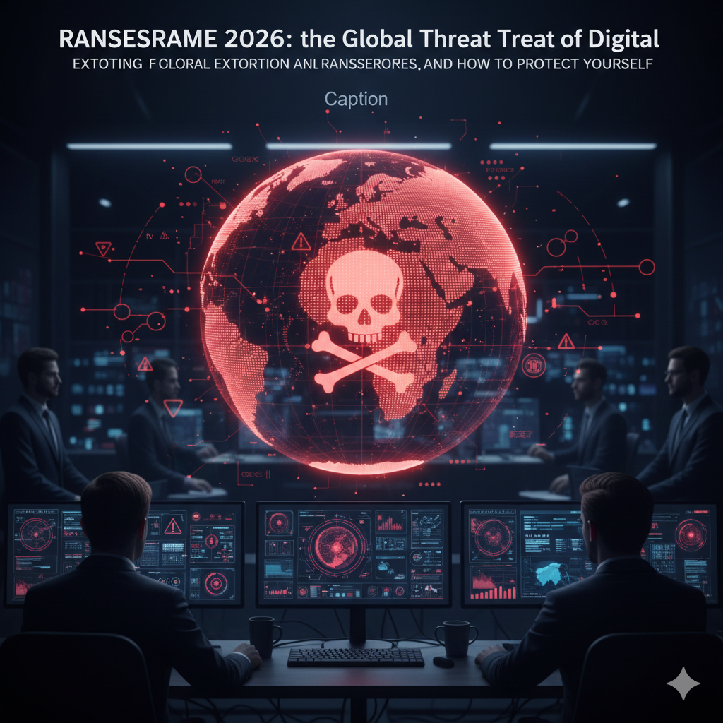 A security team in a dark command center monitoring a holographic globe projected with a red skull and crossbones, signaling a ransomware attack.
