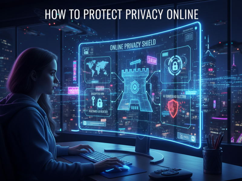 A young woman sitting at a desk in a dark room with a futuristic city view, looking at a glowing blue "Online Privacy Shield" hologram on her monitor that features icons for encrypted keys, a digital fortress, and AI-powered ad blockers.