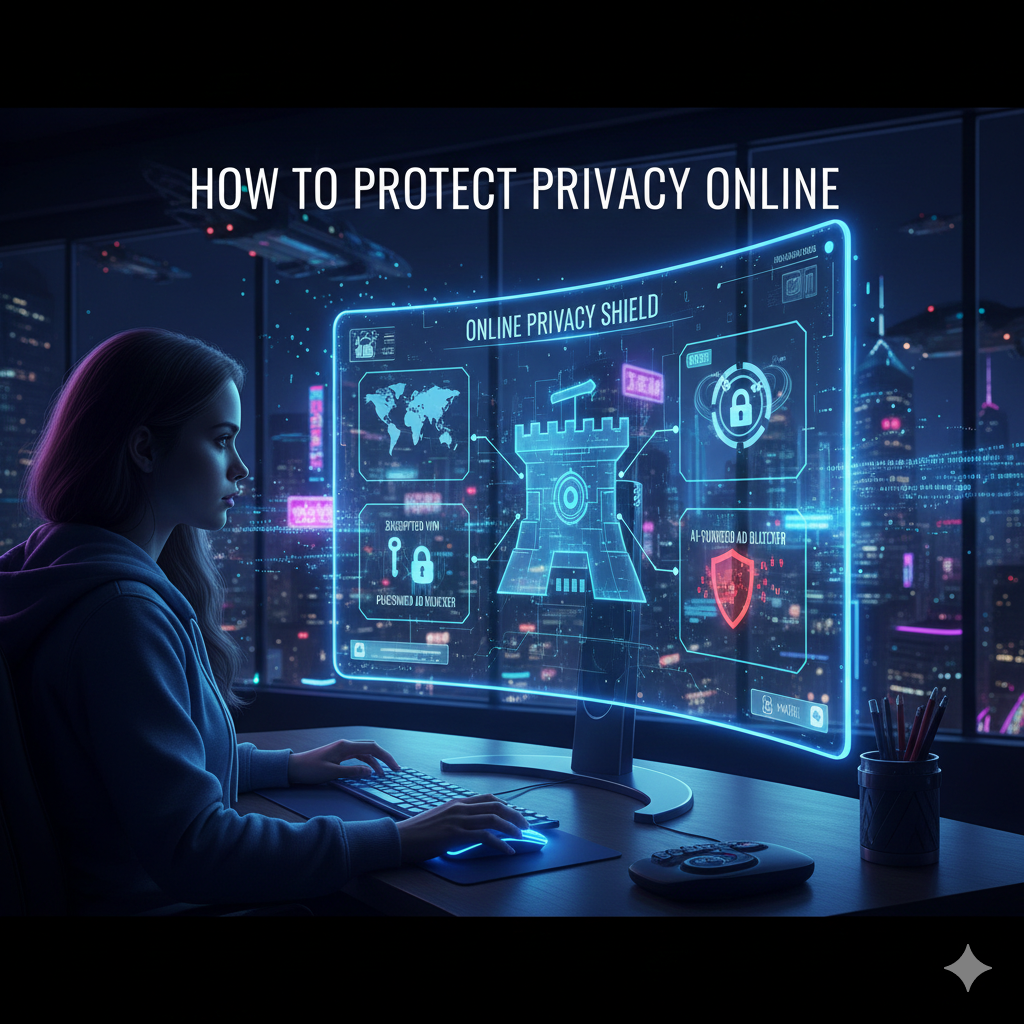 A young woman sitting at a desk in a dark room with a futuristic city view, looking at a glowing blue "Online Privacy Shield" hologram on her monitor that features icons for encrypted keys, a digital fortress, and AI-powered ad blockers.