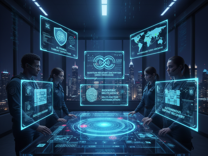 A team of elite cybersecurity analysts in a futuristic command center, standing around a large, horizontal glass holographic table. Glowing blue interfaces show labels like "Quantum-Resistant Encryption," "AI-Powered Threat Detection," and "Autonomous Endpoint Recovery," with a detailed 3D digital map of global network traffic in the center.