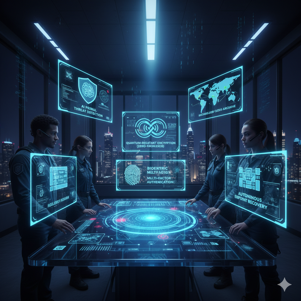 A team of elite cybersecurity analysts in a futuristic command center, standing around a large, horizontal glass holographic table. Glowing blue interfaces show labels like "Quantum-Resistant Encryption," "AI-Powered Threat Detection," and "Autonomous Endpoint Recovery," with a detailed 3D digital map of global network traffic in the center.