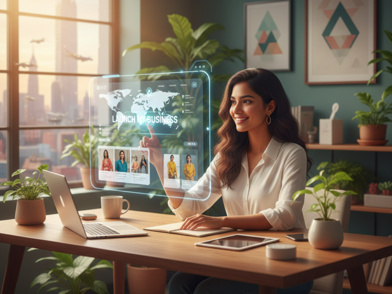 A smiling young woman at a wooden desk using a floating holographic dashboard to launch her global business.