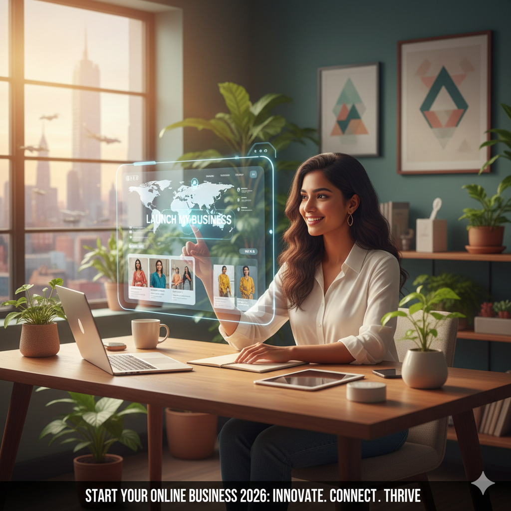 A smiling young woman at a wooden desk using a floating holographic dashboard to launch her global business.