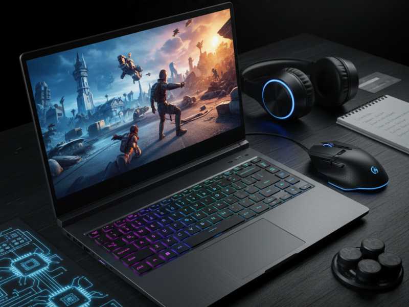 A high-performance gaming laptop with a glowing RGB keyboard is shown on a desk alongside a mouse, headset, and an open technical schematic.